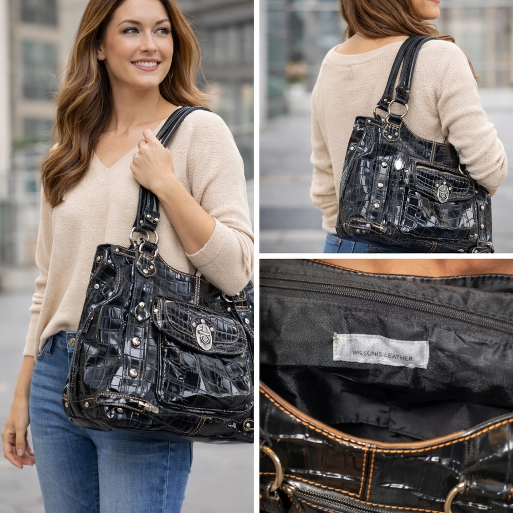 Wilsons Leather Glossy Croc Embossed Black Shoulder Bag with Silver Accents